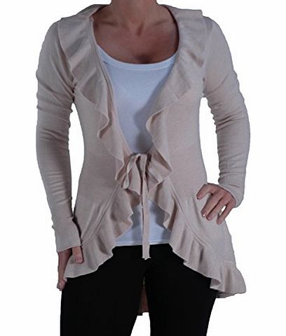 Eye Catch EyeCatch - Womens Gillet Long Sleeve Frill Tye Cardigan Ladies Cardi Cream L/XL