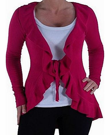 Eye Catch EyeCatch - Womens Gillet Long Sleeve Frill Tye Cardigan Ladies Cardi Fushia L/XL