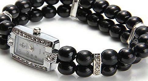 FACILLA Metal Black Bead Pearl Rhinestone Bracelet Bangle Stretch Wristwatch Wrist Watch