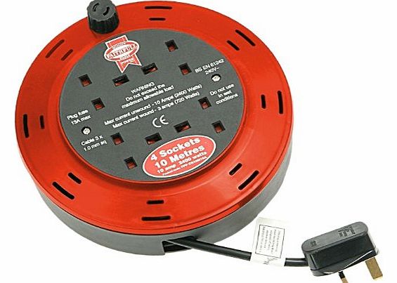 Faithfull - Cable Reel 10 metre, 10 Amp, 4 Socket - 240v