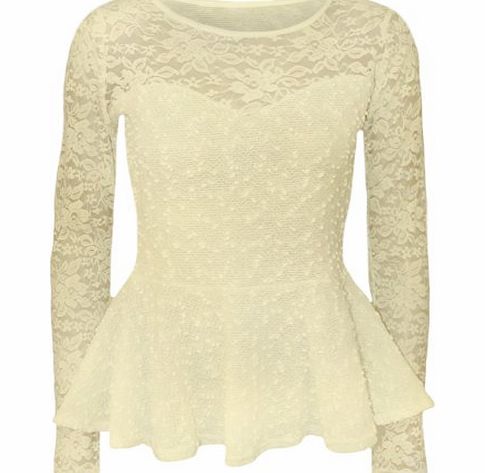 Fashion 4 Less Womens Long Sleeve Lace Mesh Peplum Top (SM-UK(8-10), Cream)