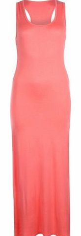 Fashion Street Womens Long Jersey Racer Back Maxi Dress - Coral - SM 8-10