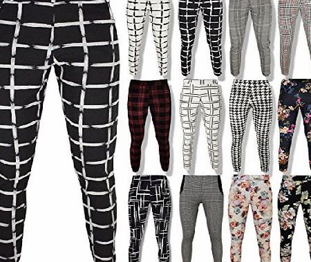 Fashion Thirsty WOMENS LADIES ELASTICATED STRETCH TROUSERS PANTS SKINNY POCKET SLIM LEG LEGGINGS (UK 12, Black White Houndstooth)