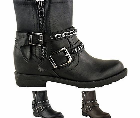 WOMENS LADIES GRIP SOLE FUR LINED COMBAT BIKER CHELSEA ANKLE BOOTS SHOES SIZE (UK 7, Black Faux Leather)