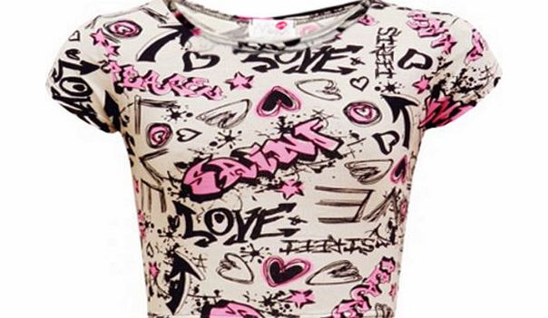 FAST TREND CLOTHING New Kids Girls Tween Graffiti Print Crop Top/Legging / Midi Maxi/ SkaterDress Cream/Neon Pink AGE 7-13 Years (13, Graffiti Crop Top)