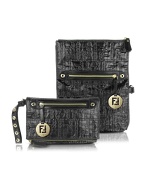 Fendi Black Patent Logo Embossed Wristlet Foldover