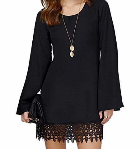 Finejo  Women Sexy O-Neck Loose Shirt Long Sleeve Plus size Formal Casual Lace Dress