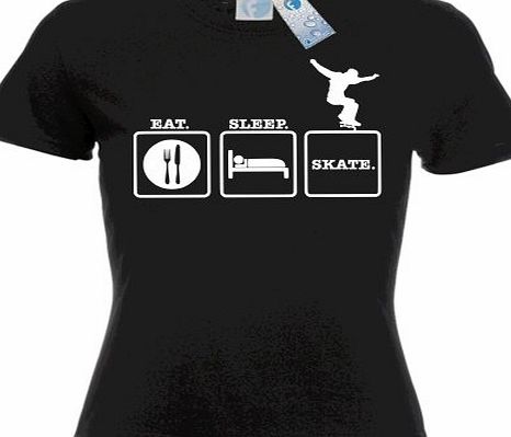 LADIES EAT SLEEP SKATE (S - BLACK) NEW PREMIUM FITTED T SHIRT - skateboard street gear wheeles pads knee elbow helmet Slogan Funny Novelty Vintage retro top clothes Unisex Womens Girl Lady tshirt shir