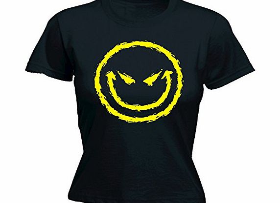 LADIES EVIL SMILEY FACE (L - BLACK) NEW PREMIUM FITTED T-SHIRT - slogan funny clothing t shirt joke novelty vintage retro top ladies womens girl women tshirt tees tee t-shirts shirts fashion urban coo