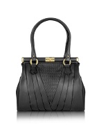 Black Woven Genuine Leather Twist Lock Bag