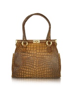 Brown Croco Stamped Leather Twist Lock Bag