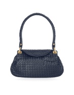 Dark Blue Woven Italian Leather Flap Shoulder Bag