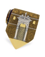 Fornasetti Architetture Brown and Blue Ornamental Printed Silk Tie