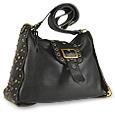 Black Grommet and Studs Pebble Leather Shoulder Bag