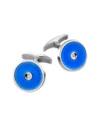 Blue Enamel Engraved Sterling Silver Diamond Cuff Links