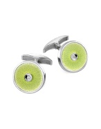 Lime Green Enamel Engraved Sterling Silver Diamond Cuff Links