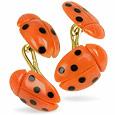 Vintage Ladybug Coral and Onyx 18K Gold Cufflinks