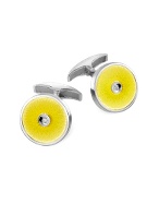 Yellow Enamel Engraved Sterling Silver Diamond Cuff Links