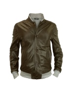 Men` Dark Brown and Striped Trim Leather Jacket