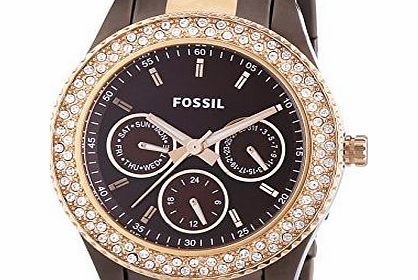 Fossil Ladies Stella Watch Es2955 With Brown Multi Eye Dial, Stone Encrusted Topring , Brown Ip Case And Bracelet