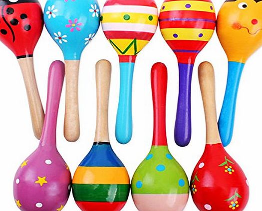 Foxnovo 2pcs 20cm Funny Children Kids Wooden Maracas Rattle Shakers Musical Educational Toys (Random Color amp; Pattern)