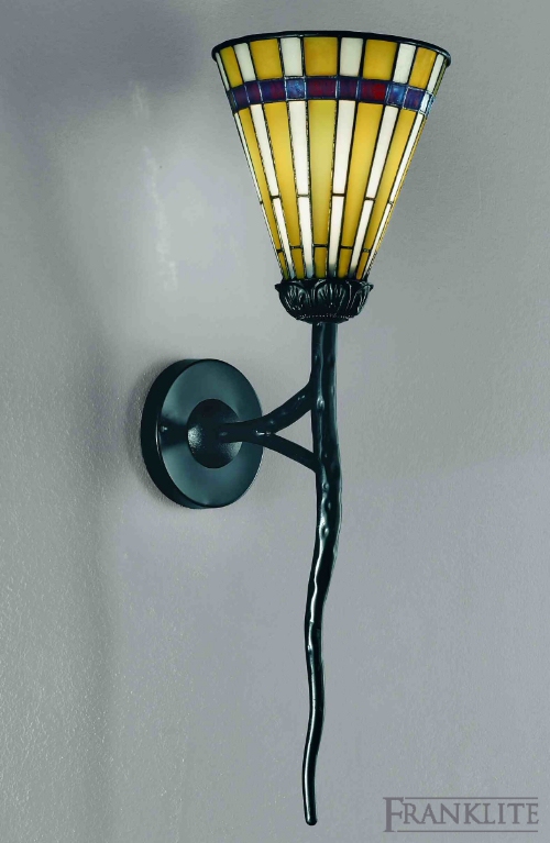 Black ironwork torchere style wall bracket with Tiffany glass shade