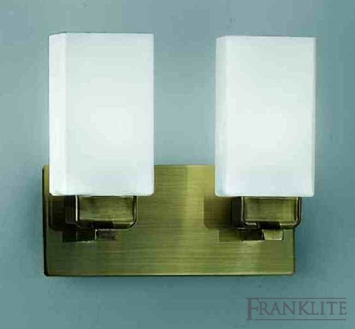 Brushed bronze finish 2 light wall bracket with square matt opal glasses.