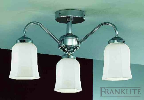 Franklite Chrome finish brass 3 light fitting with satin opal hexagonal glass.