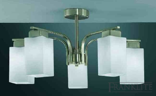 Satin nickel finish 5 light fitting with square matt opal glasses.