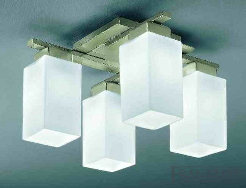 Satin nickel finish flush 4 light fitting with square matt opal glasses.