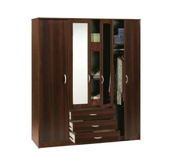 Furniture123 Cyclone 4 Door 3 Drawer Wardrobe in Dark Walnut