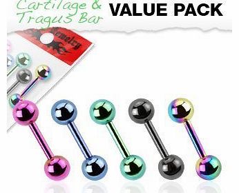 Gekko Body Jewellery 5 Pack of Titanium Anodised over Surgical Steel 16 Gauge (1.2mm) Cartilage / Tragus Bars Barbells