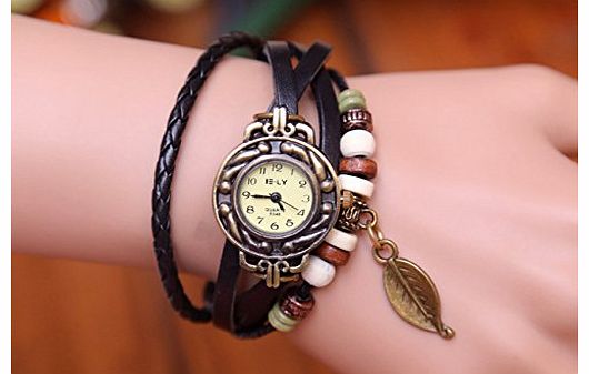 BeautyLife Weave Wrap Around Leather Bracelet Lady Woman Wrist Watch (Black Leaf)