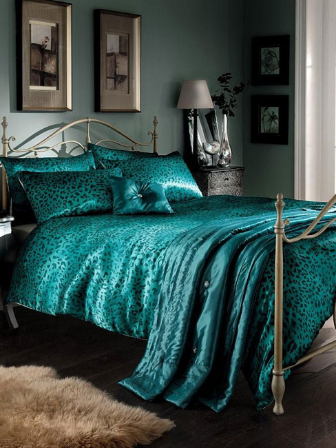 Teal Leopard Print Satin King Duvet Cover,
