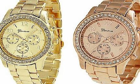 Geneva 2 PACK Geneva Rose Gold and Gold Plated Classic Round CZ Ladies Boyfriend Watch