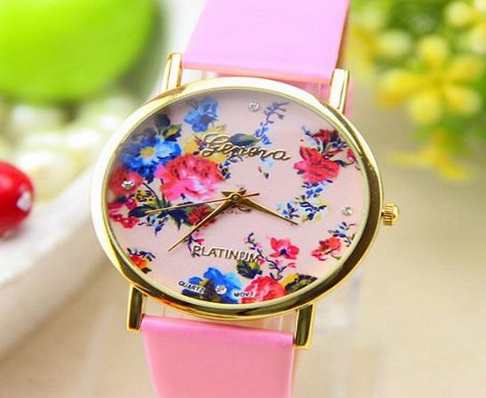 Geneva 3 Color Top Fashion Geneva Platinum Gold Trend Rose Flower Dial Leather Strap Women Ladies Quartz Wrist Watch Dress Gift Watch Accessory (White)