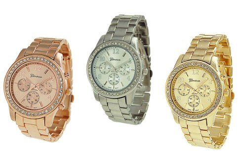 Geneva 3 PACK Geneva Silver Gold and Rose Gold Plated Classic Round CZ Ladies Boyfriend Watch