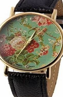 7Colors New style Fashion Brand GENEVA Platinum Green Rose Flower Rhinestones Leather Watch Women Ladies Rose Gold Dress Watch Quartz Watches (Green)