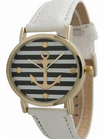 Geneva Denis Charm Womens Ladies Geneva Striped Shinnig Rose Gold Anchor Style Leather Watch - White