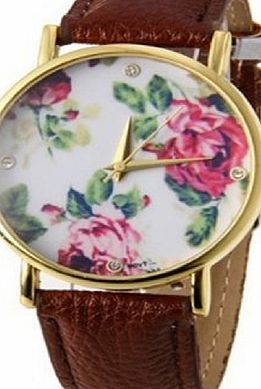 Geneva New Fashion Brand GENEVA Platinum Rose Flower Rhinestones Leather Watch Women Ladies Rose Gold Dress Watch Quartz Watches (Blue)