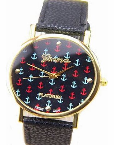 Geneva New Fashion Geneva Brand Anchor Pattern Gold Dial Platinum Black Leather Women Lady Dress Watch