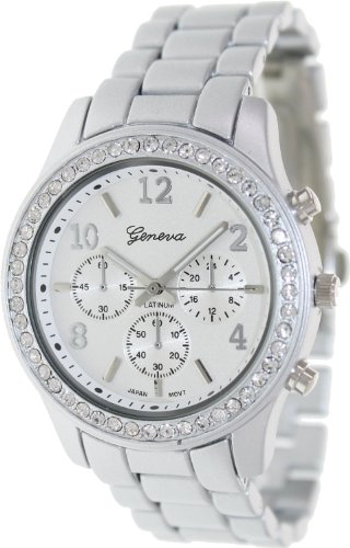 Geneva WOMANS LADIES GENEVA SILVER STAINLESS DESIGNER WATCH WITH RHINESTONE BEZEL 9073