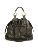 Black Washed Leather Fringed Drawstring Bag