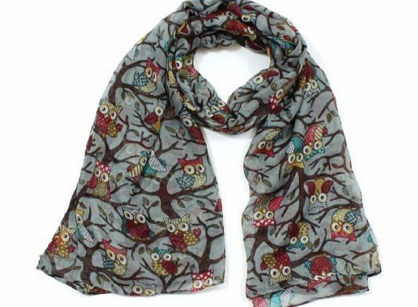 Owl On a Branch Print Ladies Fashion Scarf (Grey)