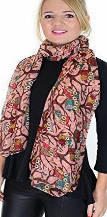 Glam Fashion Accessories Owl On a Branch Print Ladies Fashion Scarf (Light Pink)