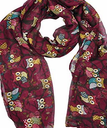 Goldkidlondon Ladies Womens Owl on Branch Maroon Print Scarf Wraps Shawl Soft Scarves