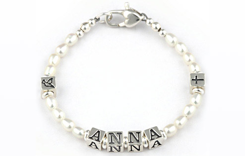 Babys Sterling Silver Name Bracelet - Pearl