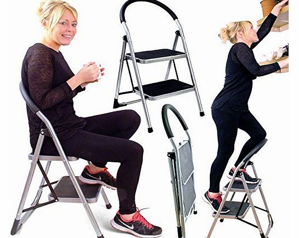 Great Ideas Folding Two Step Ladder Chair - Stepladder That Is Also A Stool - Extra Wide Deep Rubber Lined Treads