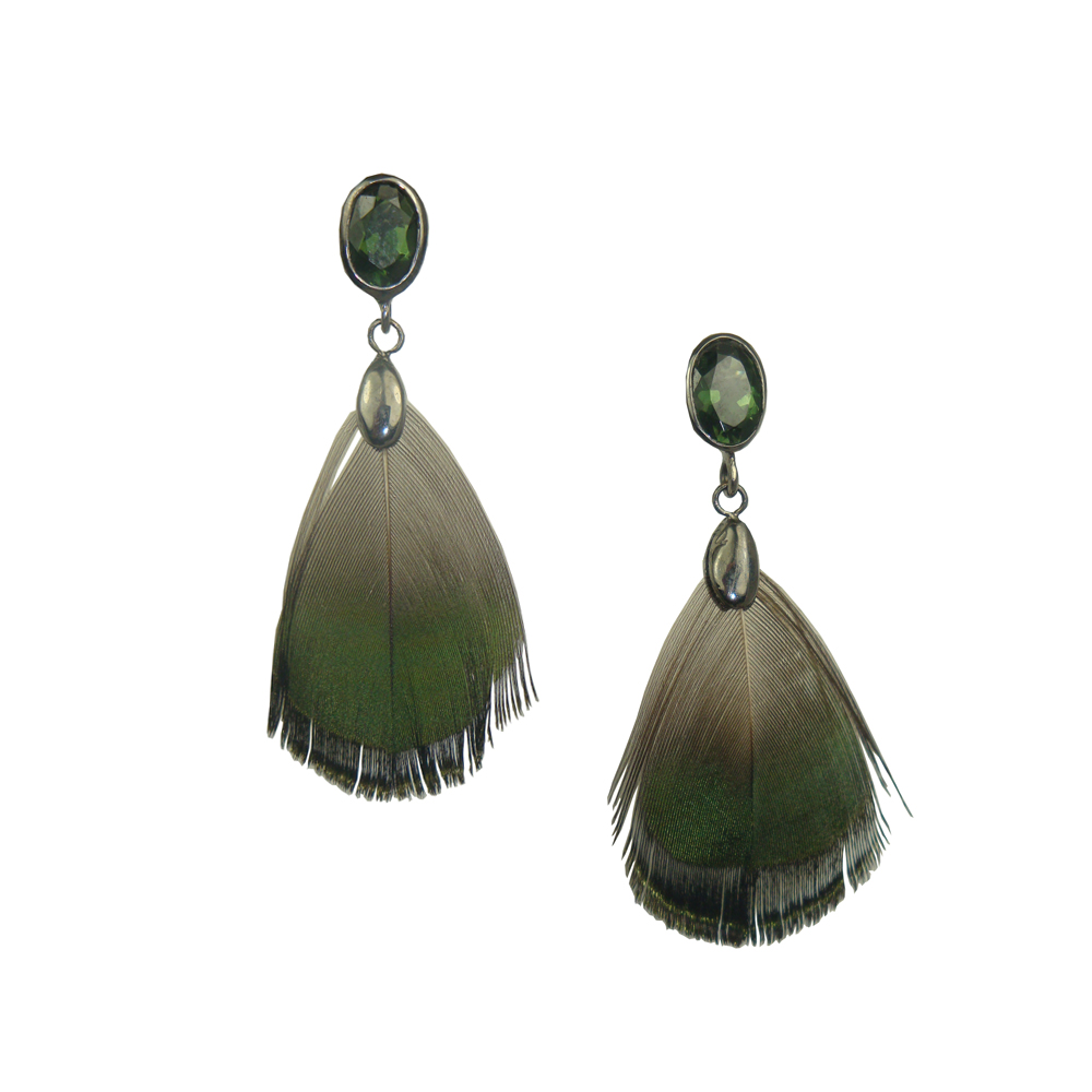 Green Pheasant Feather Earrings