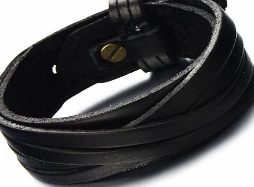 H C Classic Mens Stripe Leather Bracelet Black Genuine Leather Wristband
